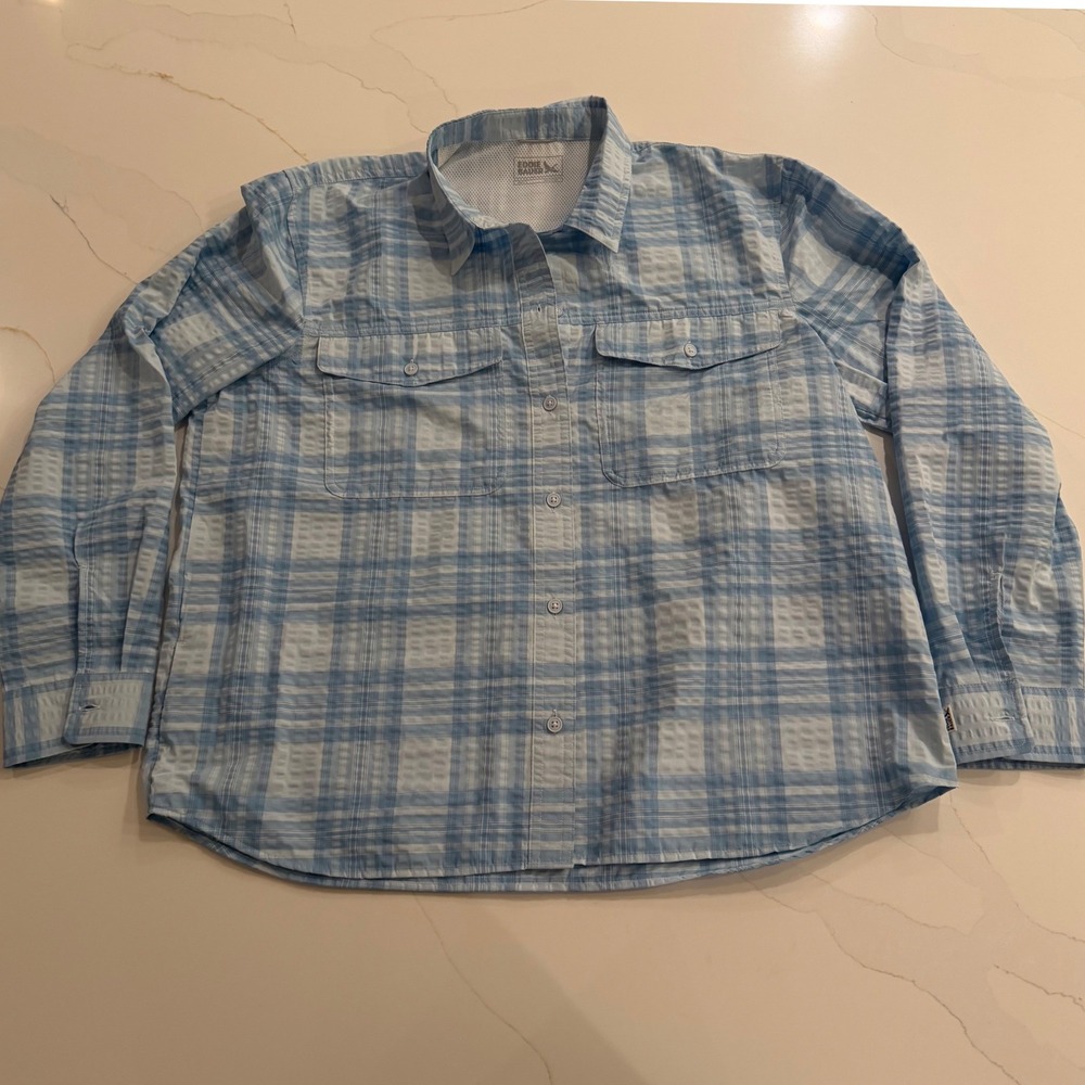 Eddie Bauer Womens Large Blue Plaid Ventilated Hiking Trail Shirt Long Sleeve
